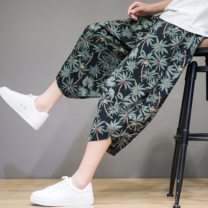 Buddha Stones Pantaloni capri estivi boho casual con coulisse e stampa floreale, pantaloni harem da uomo con tasca - image 7