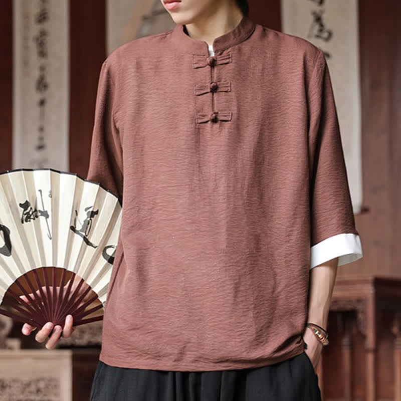 Buddha Stones Camicia da uomo a maniche a tre quarti, tinta unita, stile vintage Tang, con colletto alla coreana e bottoni a rana, ideale per l'estate. - image 1