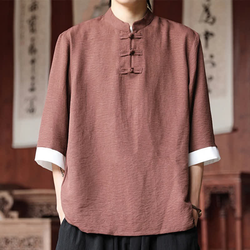Buddha Stones Camicia da uomo a maniche a tre quarti, tinta unita, stile vintage Tang, con colletto alla coreana e bottoni a rana, ideale per l'estate. - Salmone scuro - US/UK/AU46, EU56 (5XL) - image 0