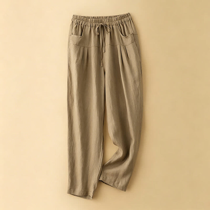 Buddha Stones Pantaloni estivi casual minimalisti con coulisse, tinta unita, alla caviglia, pantaloni harem da donna con tasca - Tan - US8-10, UK/AU12-14, EU40-42 (2XL) - image 0