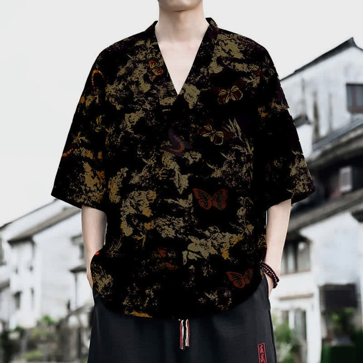 Buddha Stones T-shirt da uomo a maniche corte con scollo a V e stampa floreale, stile Tang, per l'estate, casual. - Nero - US/UK/AU46, EU56 (5XL) - image 4