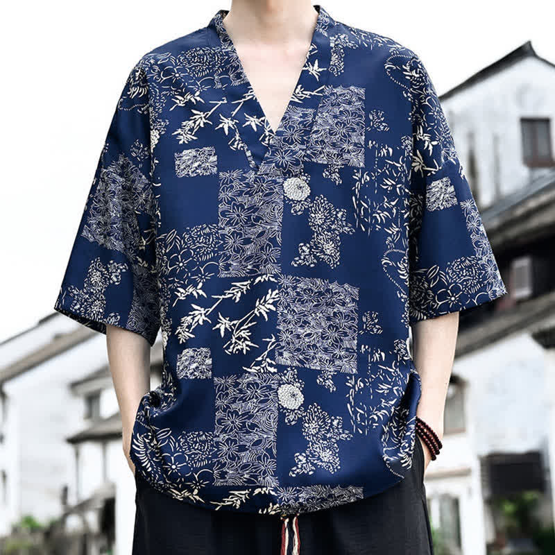 Buddha Stones T-shirt da uomo a maniche corte con scollo a V e stampa floreale, stile Tang, per l'estate, casual. - image 1