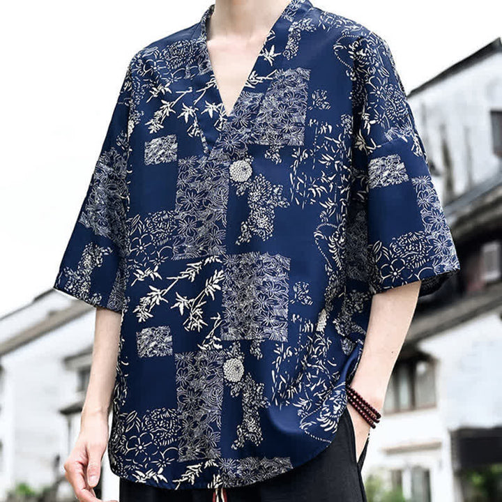 Buddha Stones T-shirt da uomo a maniche corte con scollo a V e stampa floreale, stile Tang, per l'estate, casual. - image 3