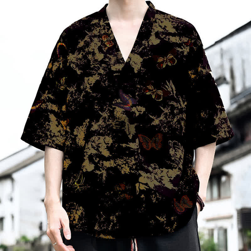 Buddha Stones T-shirt da uomo a maniche corte con scollo a V e stampa floreale, stile Tang, per l'estate, casual. - image 5