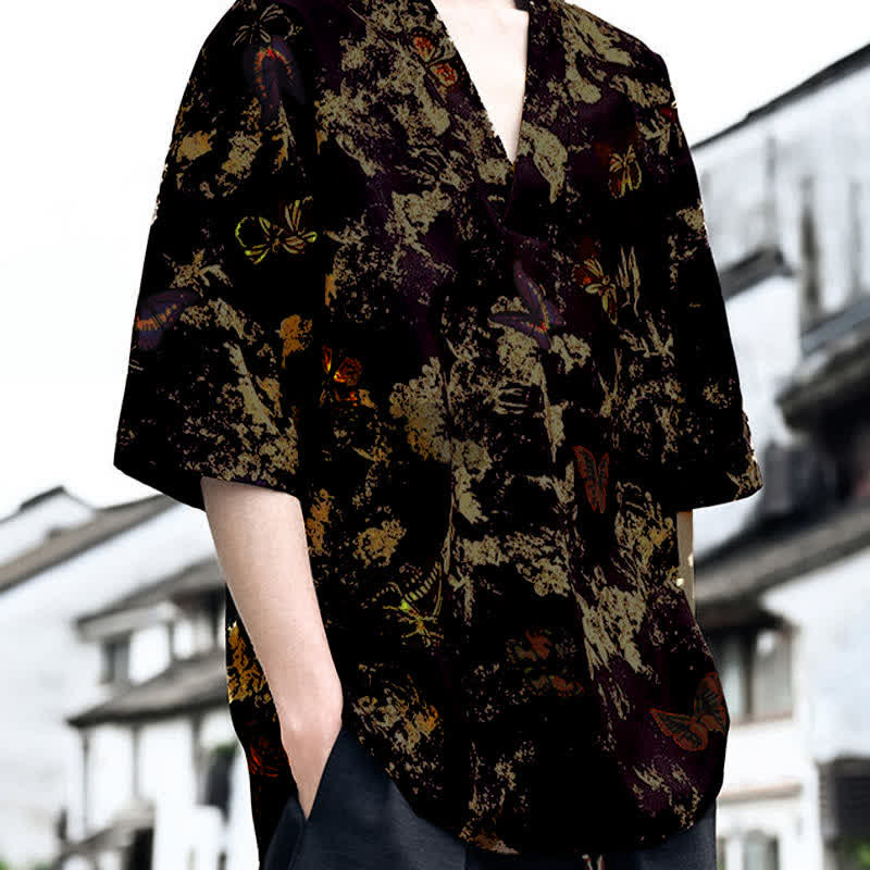 Buddha Stones T-shirt da uomo a maniche corte con scollo a V e stampa floreale, stile Tang, per l'estate, casual. - image 8