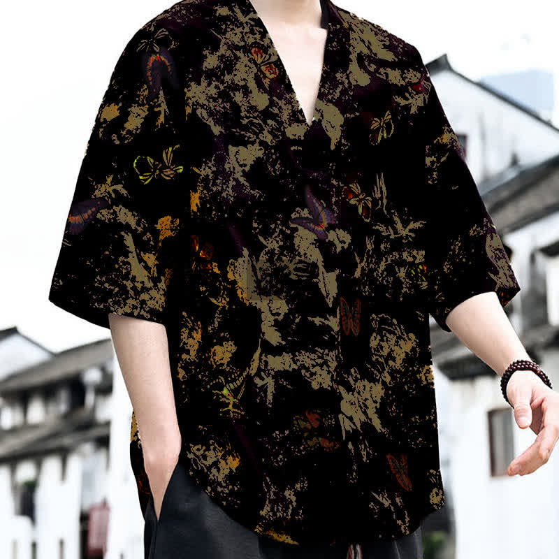 Buddha Stones T-shirt da uomo a maniche corte con scollo a V e stampa floreale, stile Tang, per l'estate, casual. - image 9