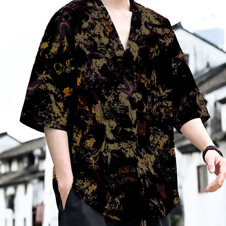 Buddha Stones T-shirt da uomo a maniche corte con scollo a V e stampa floreale, stile Tang, per l'estate, casual. - image 9