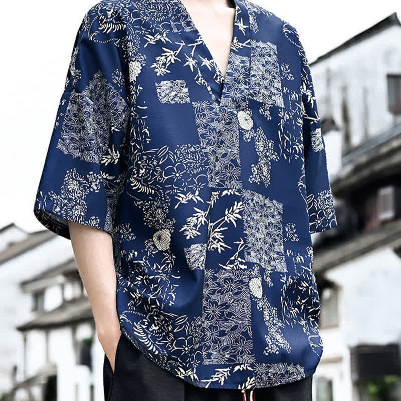 Buddha Stones T-shirt da uomo a maniche corte con scollo a V e stampa floreale, stile Tang, per l'estate, casual. - image 2