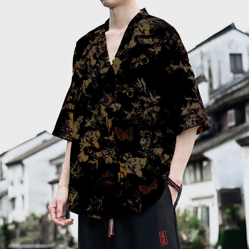 Buddha Stones T-shirt da uomo a maniche corte con scollo a V e stampa floreale, stile Tang, per l'estate, casual. - image 10