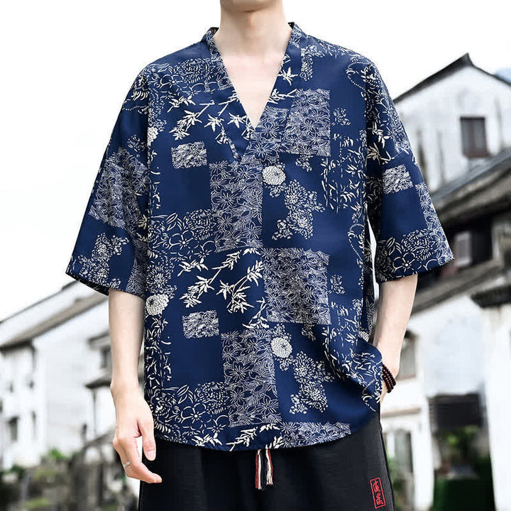 Buddha Stones T-shirt da uomo a maniche corte con scollo a V e stampa floreale, stile Tang, per l'estate, casual. - Marina - US/UK/AU46, EU56 (5XL) - image 0