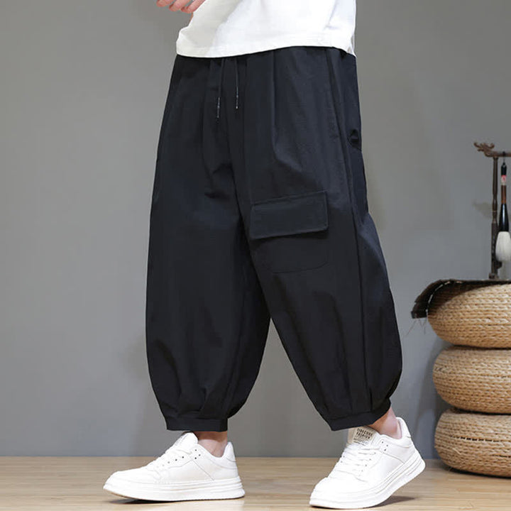 Buddha Stones Pantaloni capri estivi casual minimalisti con coulisse, pantaloni harem da uomo con tasche - Nero - US/UK/AU46, EU56 (5XL) - image 5