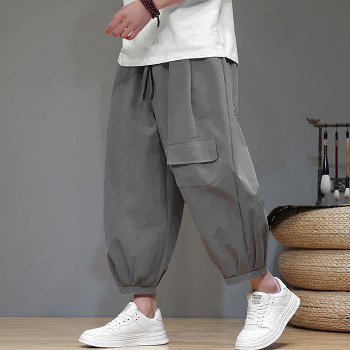 Buddha Stones Pantaloni capri estivi casual minimalisti con coulisse, pantaloni harem da uomo con tasche - Argento - US/UK/AU46, EU56 (5XL) - image 7