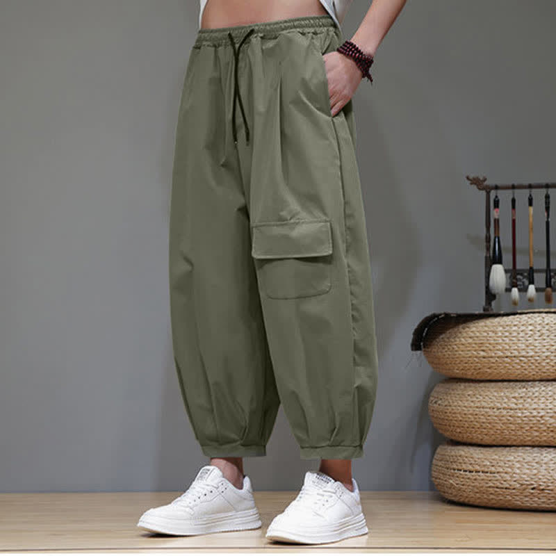 Buddha Stones Pantaloni capri estivi casual minimalisti con coulisse, pantaloni harem da uomo con tasche - image 3
