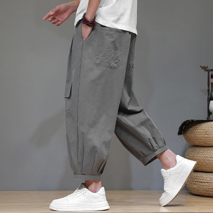 Buddha Stones Pantaloni capri estivi casual minimalisti con coulisse, pantaloni harem da uomo con tasche - image 9