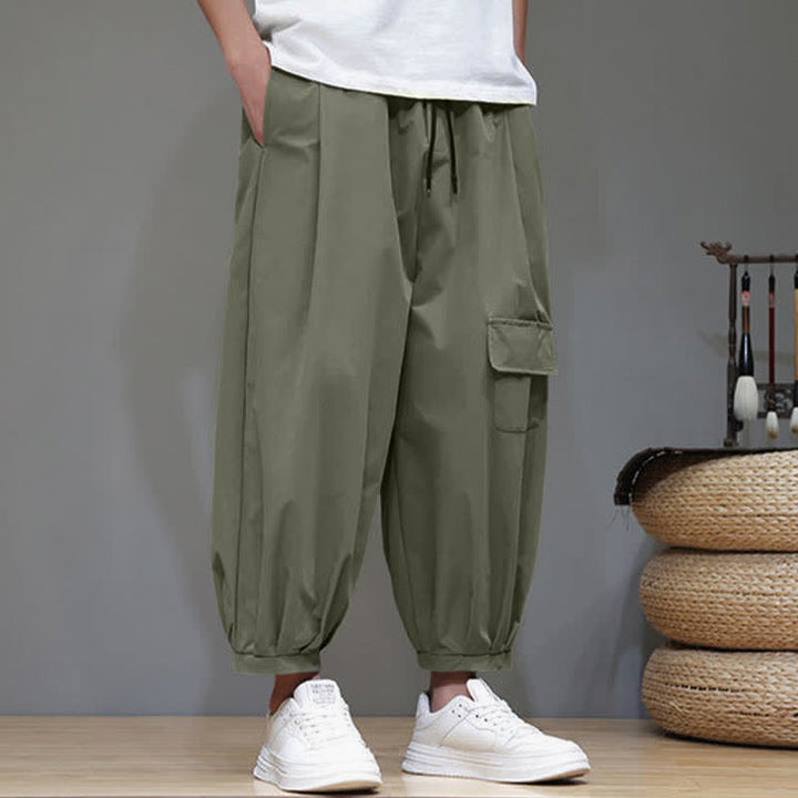 Buddha Stones Pantaloni capri estivi casual minimalisti con coulisse, pantaloni harem da uomo con tasche - image 2