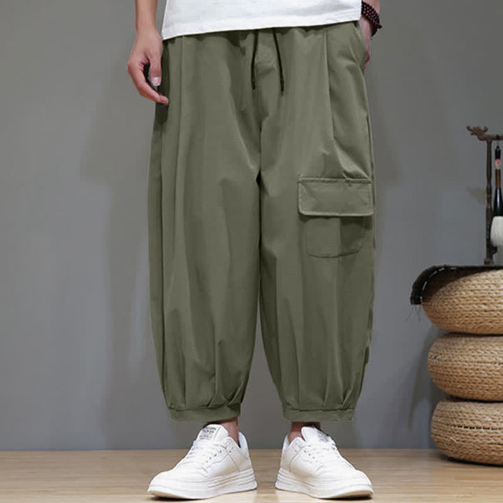 Buddha Stones Pantaloni capri estivi casual minimalisti con coulisse, pantaloni harem da uomo con tasche - image 1