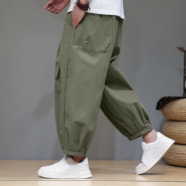 Buddha Stones Pantaloni capri estivi casual minimalisti con coulisse, pantaloni harem da uomo con tasche - image 4