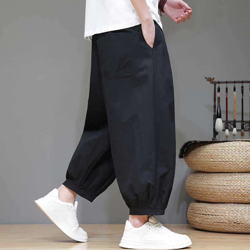 Buddha Stones Pantaloni capri estivi casual minimalisti con coulisse, pantaloni harem da uomo con tasche - image 6
