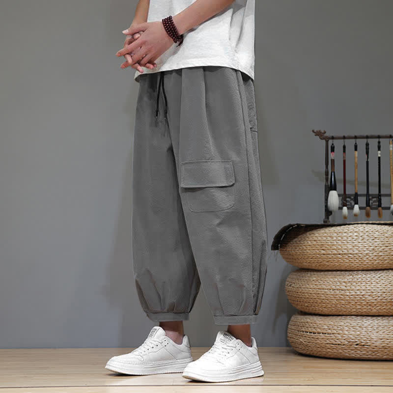 Buddha Stones Pantaloni capri estivi casual minimalisti con coulisse, pantaloni harem da uomo con tasche - image 8
