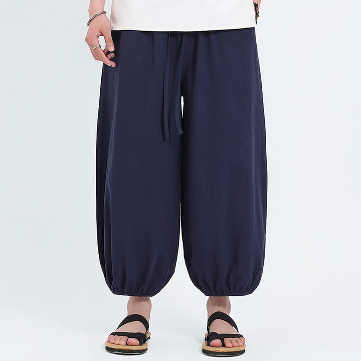 Buddha Stones Pantaloni harem da uomo estivi, casual, con coulisse e tasche, modello corto, stile Tang. - Blu notte - US/UK/AU46, EU56 (5XL) - image 0