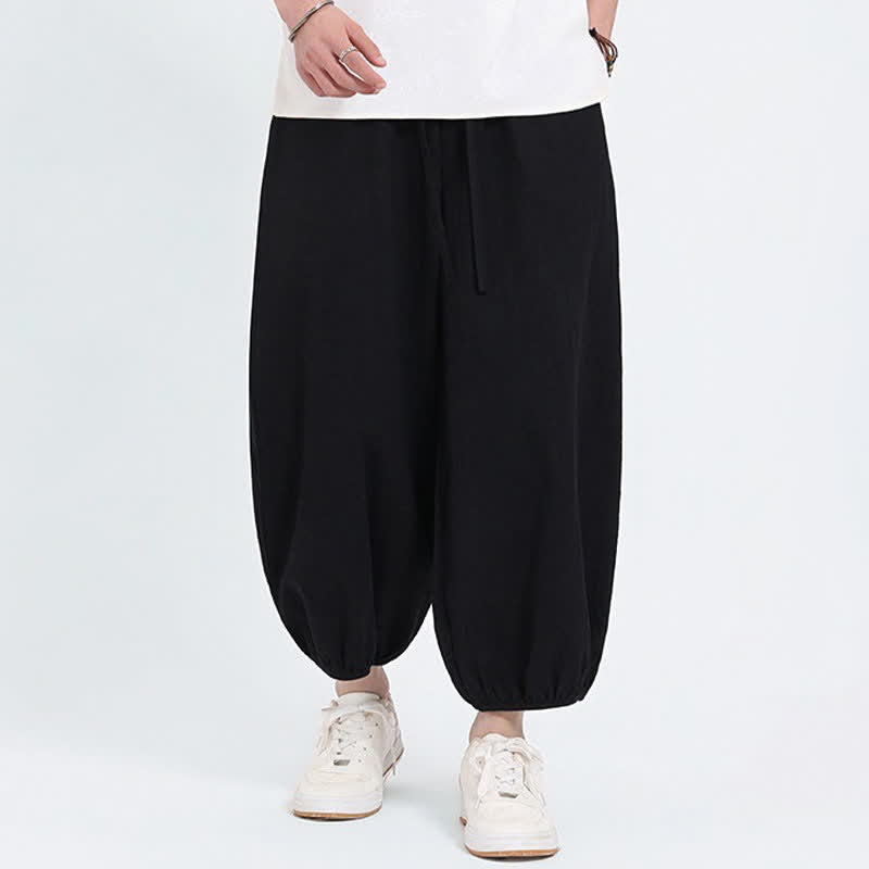 Buddha Stones Pantaloni harem da uomo estivi, casual, con coulisse e tasche, modello corto, stile Tang. - Nero - US/UK/AU46, EU56 (5XL) - image 7