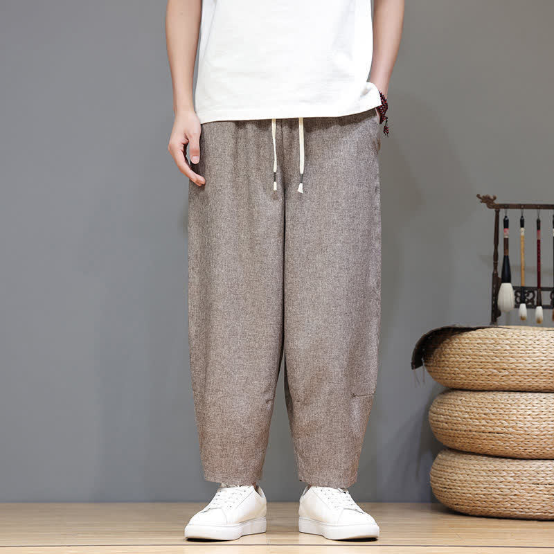 Buddha Stones Pantaloni estivi casual minimalisti con coulisse, tinta unita, modello cropped da uomo, affusolati e con tasche. - image 1