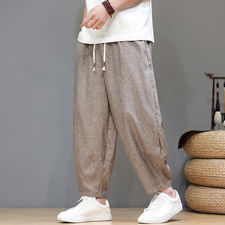 Buddha Stones Pantaloni estivi casual minimalisti con coulisse, tinta unita, modello cropped da uomo, affusolati e con tasche. - image 6