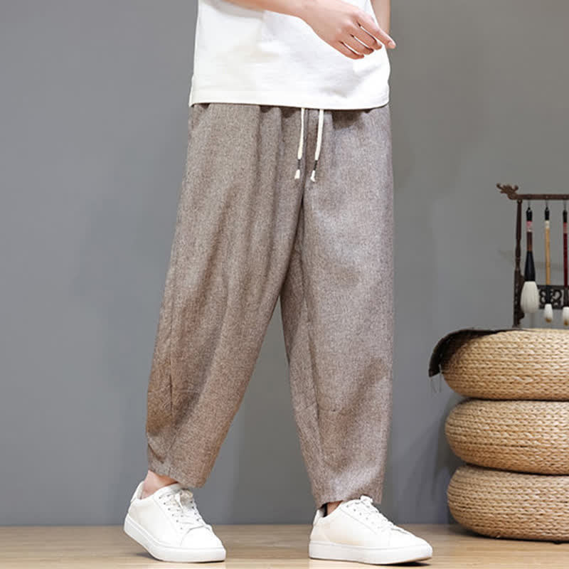 Buddha Stones Pantaloni estivi casual minimalisti con coulisse, tinta unita, modello cropped da uomo, affusolati e con tasche. - image 2