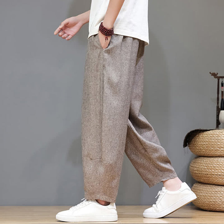 Buddha Stones Pantaloni estivi casual minimalisti con coulisse, tinta unita, modello cropped da uomo, affusolati e con tasche. - image 5