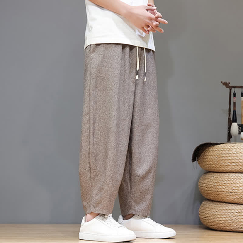 Buddha Stones Pantaloni estivi casual minimalisti con coulisse, tinta unita, modello cropped da uomo, affusolati e con tasche. - image 3