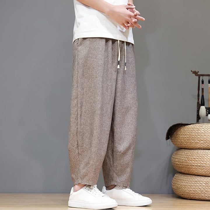 Buddha Stones Pantaloni estivi casual minimalisti con coulisse, tinta unita, modello cropped da uomo, affusolati e con tasche. - image 3