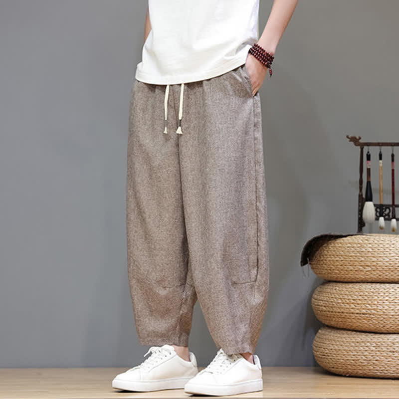 Buddha Stones Pantaloni estivi casual minimalisti con coulisse, tinta unita, modello cropped da uomo, affusolati e con tasche. - image 7