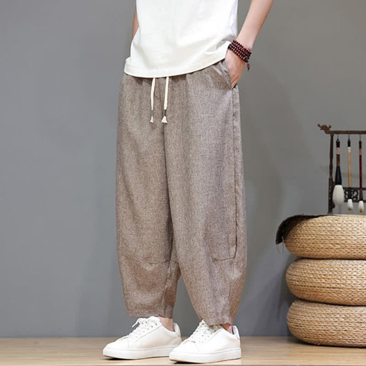 Buddha Stones Pantaloni estivi casual minimalisti con coulisse, tinta unita, modello cropped da uomo, affusolati e con tasche. - image 7