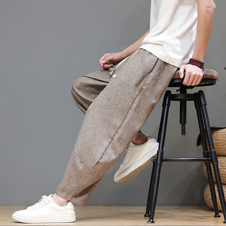 Buddha Stones Pantaloni estivi casual minimalisti con coulisse, tinta unita, modello cropped da uomo, affusolati e con tasche. - image 8