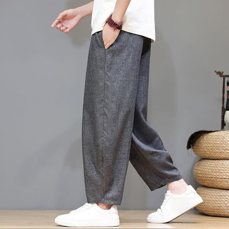 Buddha Stones Pantaloni estivi casual minimalisti con coulisse, tinta unita, modello cropped da uomo, affusolati e con tasche. - image 11