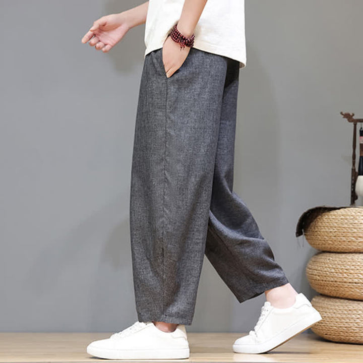 Buddha Stones Pantaloni estivi casual minimalisti con coulisse, tinta unita, modello cropped da uomo, affusolati e con tasche. - image 11