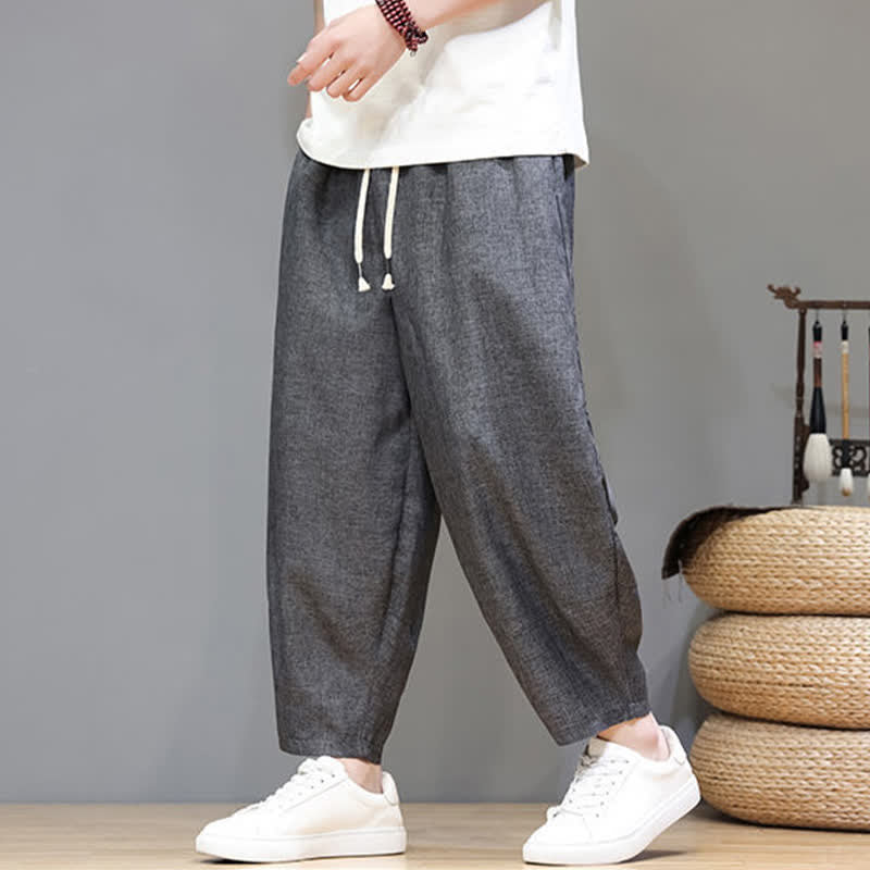 Buddha Stones Pantaloni estivi casual minimalisti con coulisse, tinta unita, modello cropped da uomo, affusolati e con tasche. - image 10