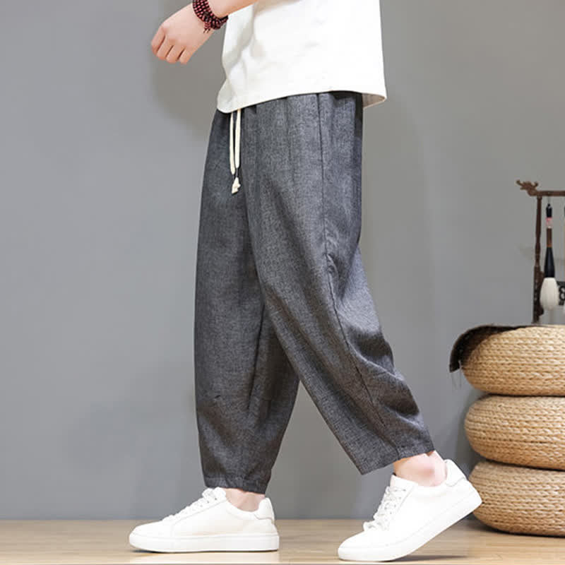 Buddha Stones Pantaloni estivi casual minimalisti con coulisse, tinta unita, modello cropped da uomo, affusolati e con tasche. - image 14