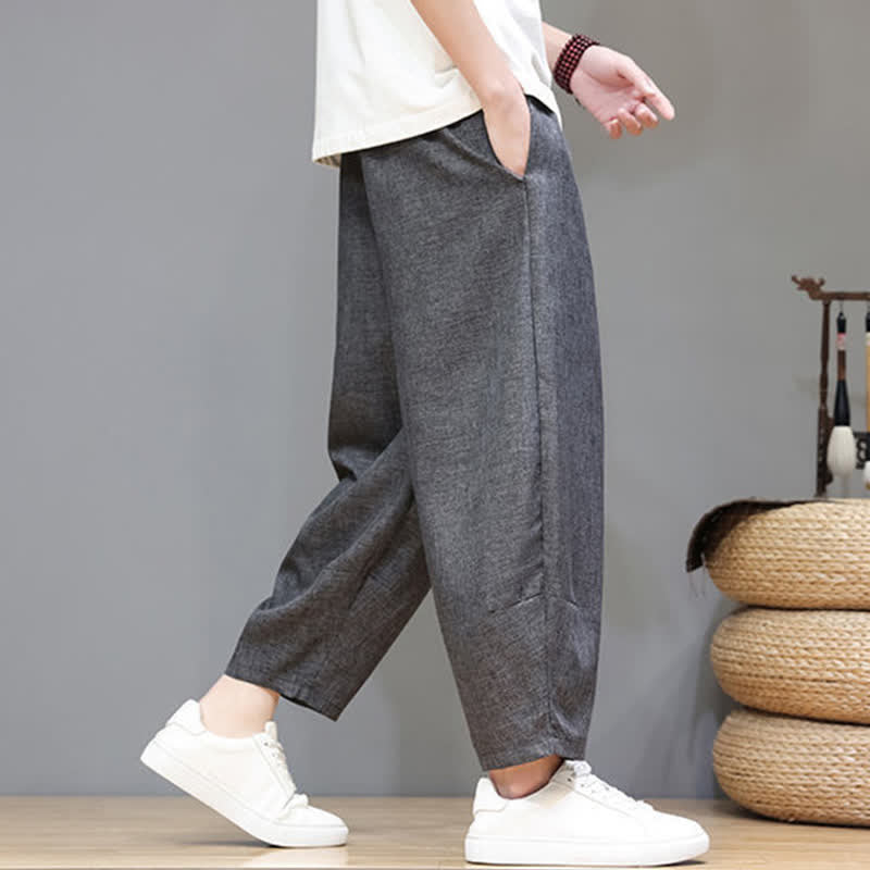 Buddha Stones Pantaloni estivi casual minimalisti con coulisse, tinta unita, modello cropped da uomo, affusolati e con tasche. - image 12