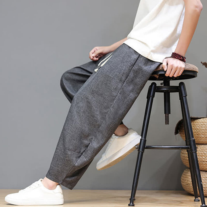 Buddha Stones Pantaloni estivi casual minimalisti con coulisse, tinta unita, modello cropped da uomo, affusolati e con tasche. - image 17