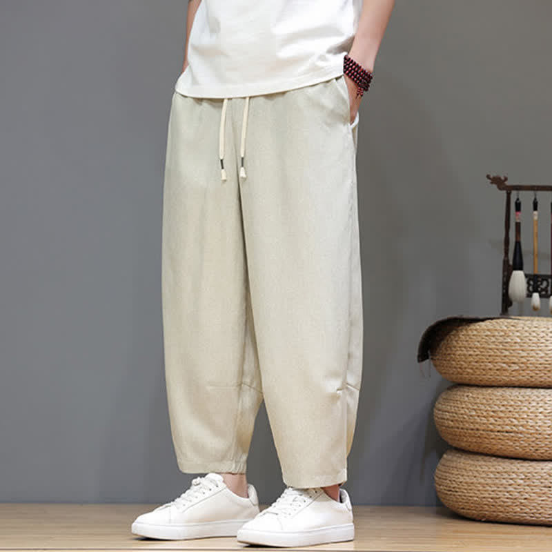 Buddha Stones Pantaloni estivi casual minimalisti con coulisse, tinta unita, modello cropped da uomo, affusolati e con tasche. - image 36