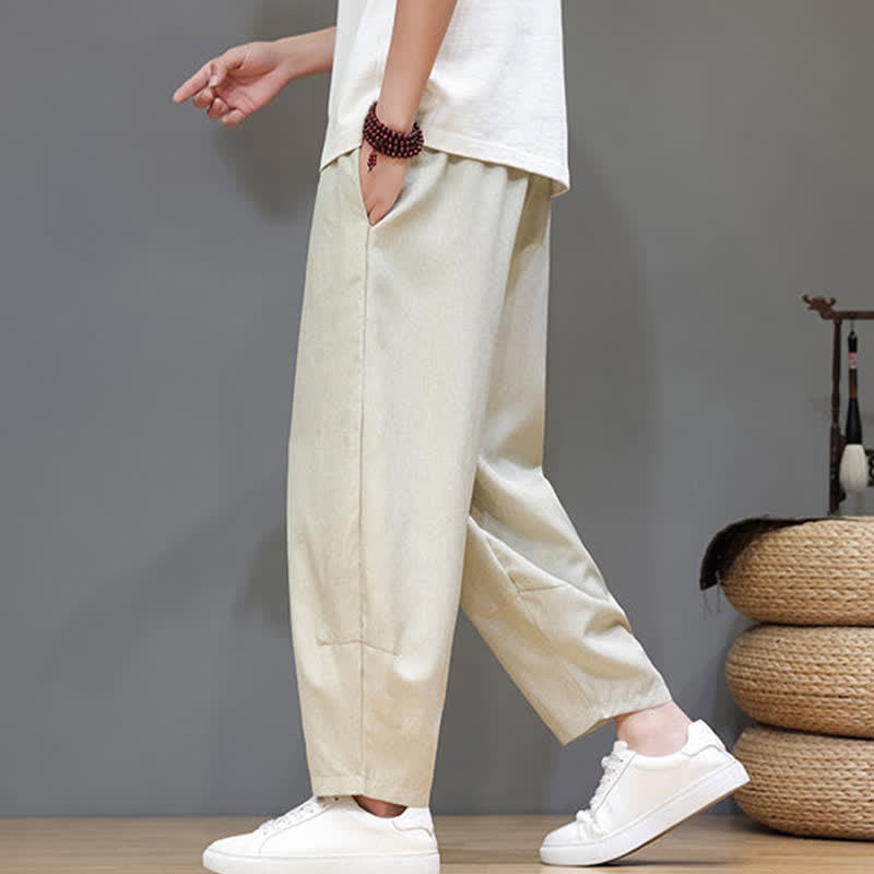 Buddha Stones Pantaloni estivi casual minimalisti con coulisse, tinta unita, modello cropped da uomo, affusolati e con tasche. - image 32