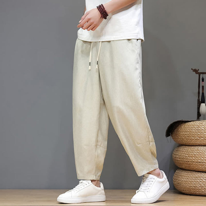 Buddha Stones Pantaloni estivi casual minimalisti con coulisse, tinta unita, modello cropped da uomo, affusolati e con tasche. - image 37