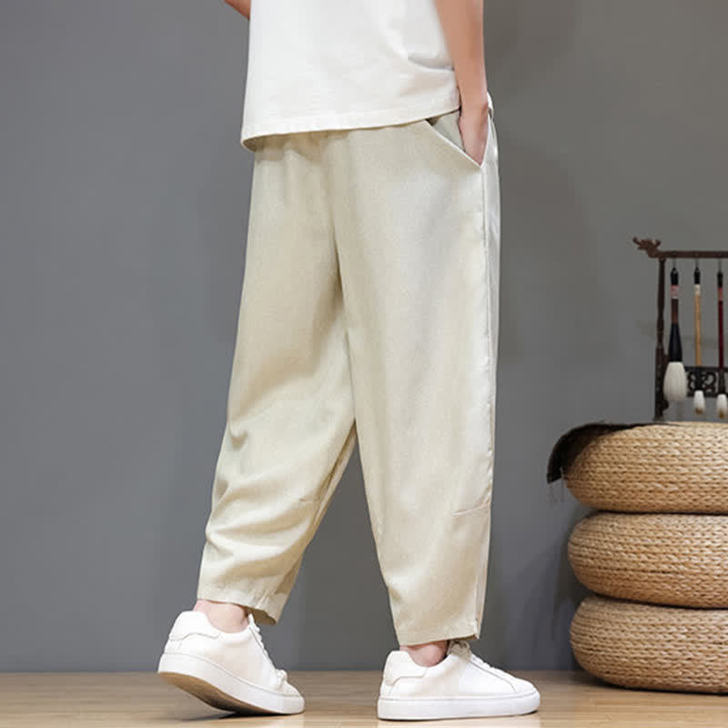 Buddha Stones Pantaloni estivi casual minimalisti con coulisse, tinta unita, modello cropped da uomo, affusolati e con tasche. - image 33