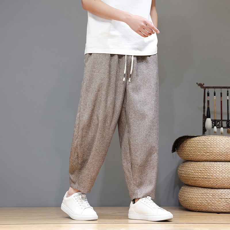 Buddha Stones Pantaloni estivi casual minimalisti con coulisse, tinta unita, modello cropped da uomo, affusolati e con tasche. - Tan - US/UK/AU46, EU56 (5XL) - image 0