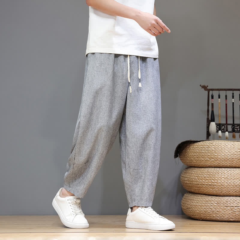 Buddha Stones Pantaloni estivi casual minimalisti con coulisse, tinta unita, modello cropped da uomo, affusolati e con tasche. - Grigio chiaro - US/UK/AU46, EU56 (5XL) - image 18