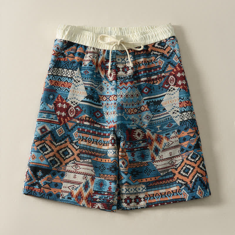 Pantaloncini da uomo estivi casual boho con coulisse e motivo geometrico a Buddha Stones, con tasche. - image 1