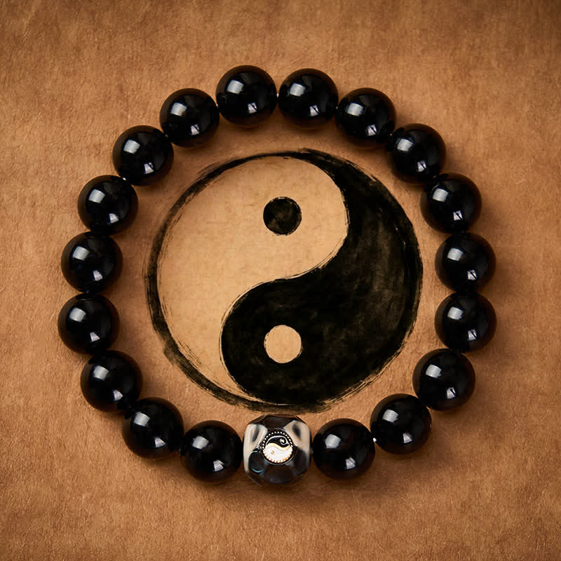 Buddha Stones Bracciale rotondo in agata tibetana con simbolo Yin Yang e simbolo di ricchezza. - Yin Yang (Equilibrio ♥ Armonia) - image 0