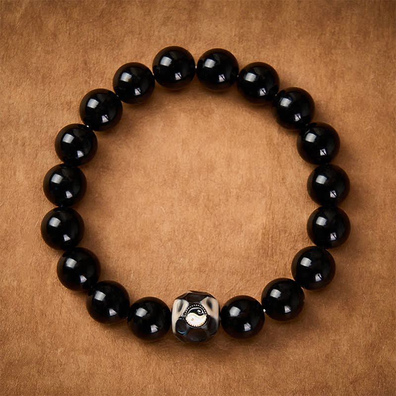 Buddha Stones Bracciale rotondo in agata tibetana con simbolo Yin Yang e simbolo di ricchezza. - image 1
