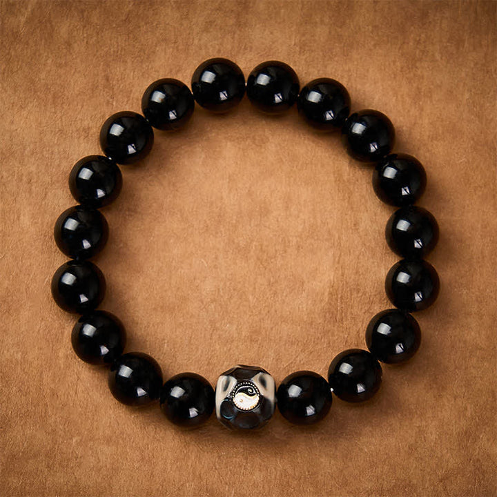 Buddha Stones Bracciale rotondo in agata tibetana con simbolo Yin Yang e simbolo di ricchezza. - image 1